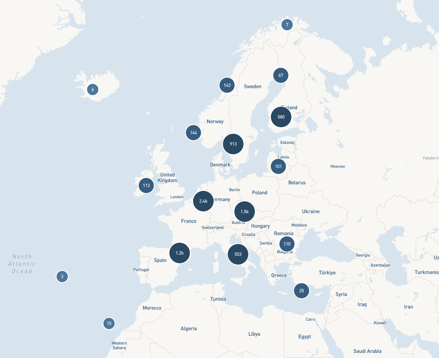 Front Carbon CCS Map Explorer showing clustered CO₂ emitter counts across European countries