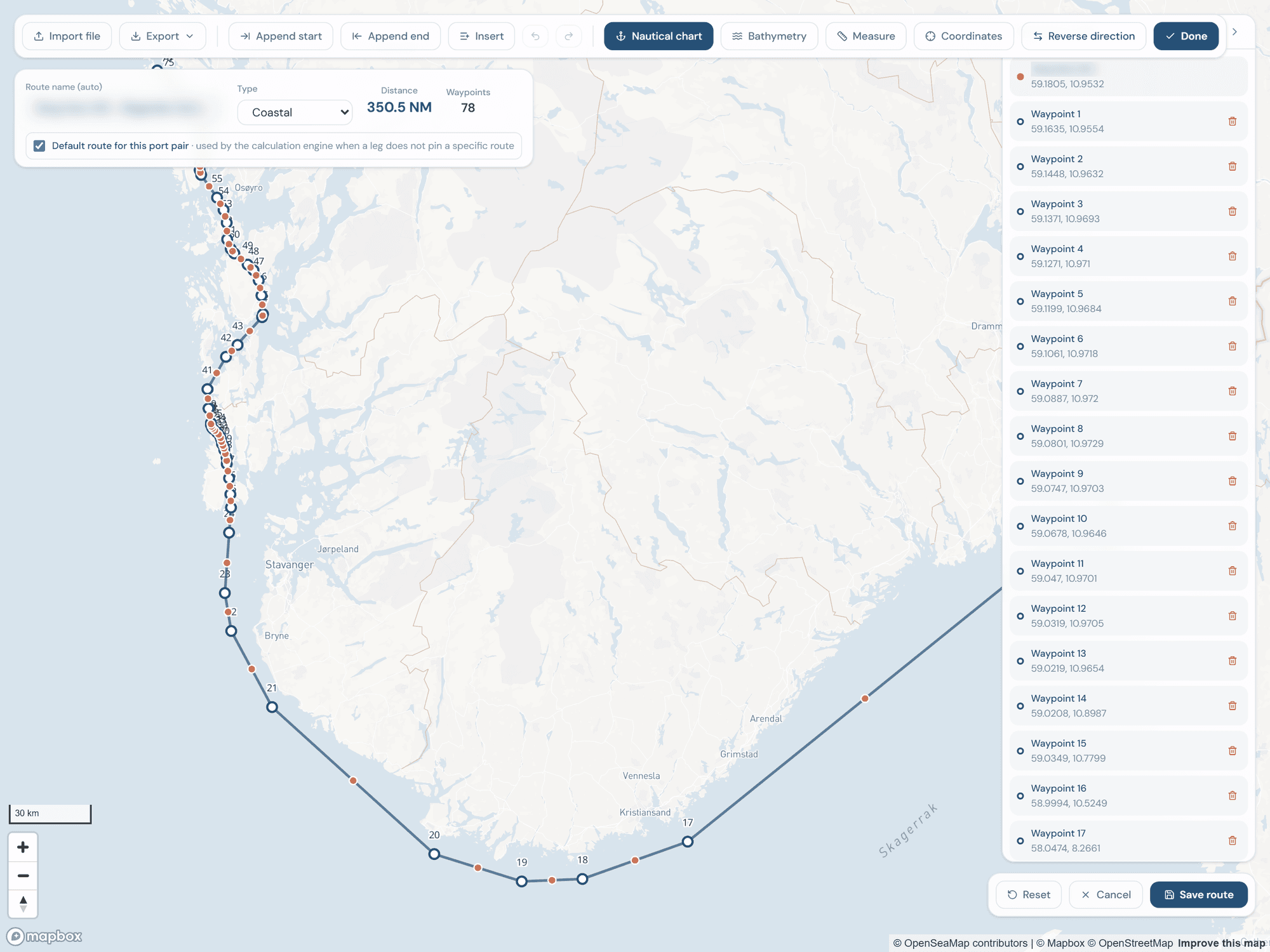 Front Carbon platform route editor showing a 350 nautical mile coastal route with 78 waypoints on a nautical chart, with bathymetry, measuring and import tools